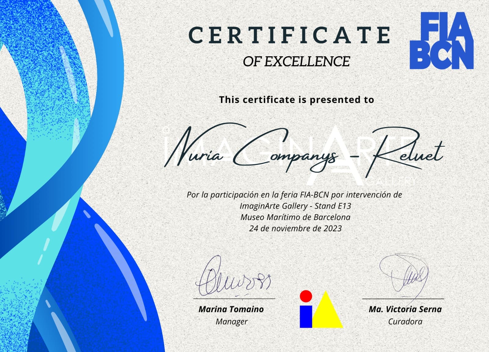 Certificat d'exposició de Reluet a FIABCN