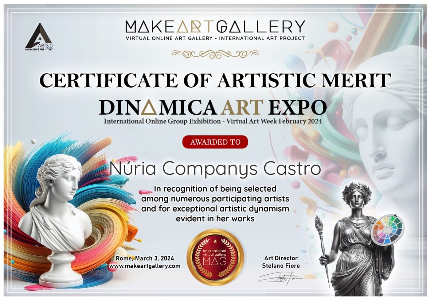 Certificado artístico Reluet en la Exposición Dinamarca Art Expo