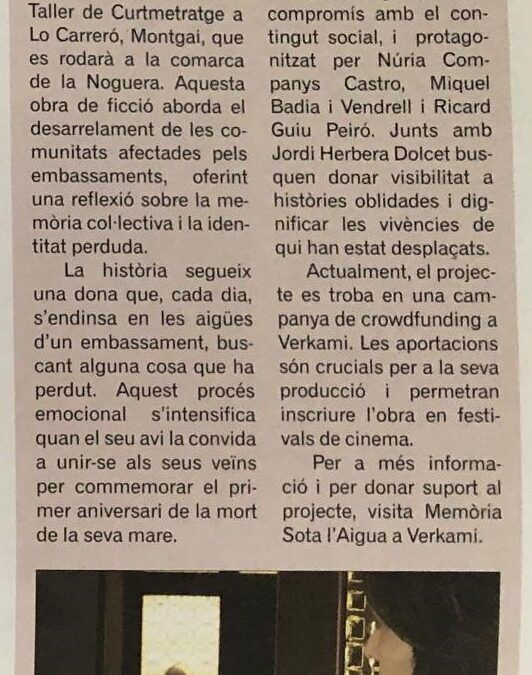 Publicación en la Revista Groc La Noguera Acogerá el Cortometraje “Memoria bajo el Agua». Núria Companys co-guionista y actriz principal