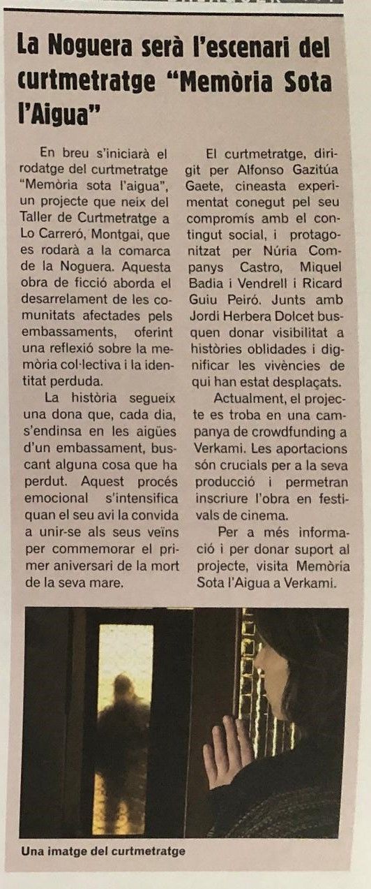 Publicación en la Revista Groc La Noguera Acogerá el Cortometraje “Memoria bajo el Agua". Núria Companys co-guionista y actriz principal