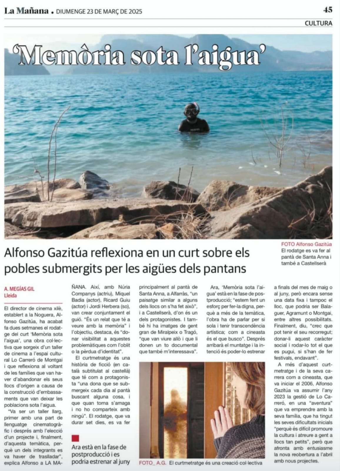 Diario La Mañana. Cortometraje Memoria bajo el Agua. Núria Companys Castro/Reluet co-guionista y actriz principal. 