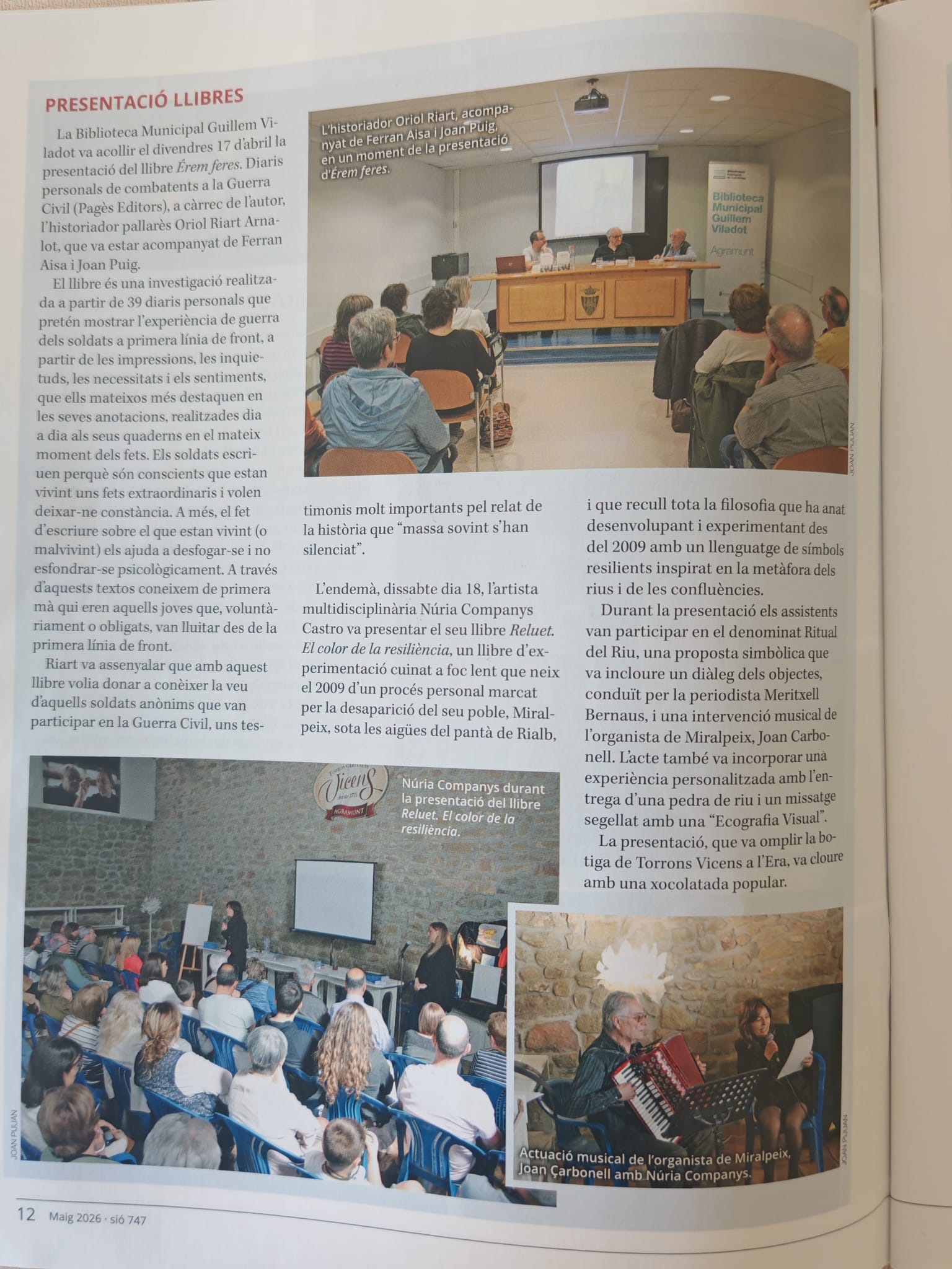 Fotografía del artículo de la Revista Sió número 747 sobre la presentación del libro Reluet El color de la resiliencia en la tienda de Torrons Vicens en Agramunt.